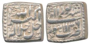 Akbar, Silver Square Rupee, 11.34g, Lahore Mint, Ilahi type, Month Shahrewar, Year 36 (KM 