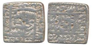 Akbar, Silver Square Rupee, Urdu Zafar Qarin Mint, AH 1000 (KM 82.9). Fine+.