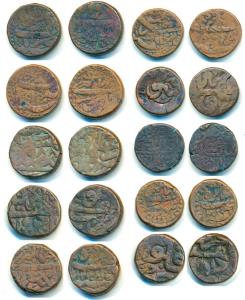 Jahangir, Copper Dam (7), Agra Mint, Rawani on obv., and one struck on a Suri coin; Akbar 