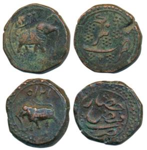 Tipu Sultan, Copper Paisa (2), Faiz Hisar and Nagar Mint, AM 1215 and AM 1200 (KM 43.1 & 1