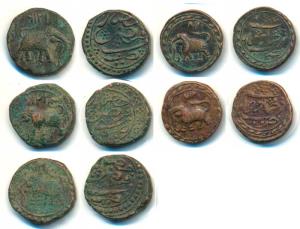 Tipu Sultan, Copper Paisa (3) Faiz Hisar Mint, AM 1216, 1216 and 1217; Copper ½ Paisa (2) 