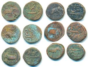 Tipu Sultan, Copper Paisa (6), Faiz Hisar Mint, AM 1215; Kalikut Mint, AM 1199; Khursheed 