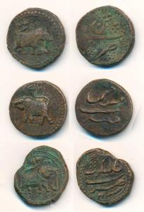 Tipu Sultan, Copper Paisa (3), Farrukhi Mint, AM 1217; Kalikut Mint, AM 1200; Patan Mint, 