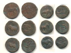 Tipu Sultan, Copper Paisa (5), Farrukhyab Hisar Mint, AM 1218; Nagar Mint, AM 1199; Patan 