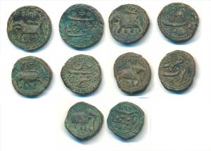 Tipu Sultan, Copper Paisa (5), Farrukhyab Hisar Mint, AM 1218; Kalikut Mint, AM 1215; Pata