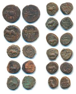 Tipu Sultan, Copper ½ Paisa (2); Copper ¼ Paisa (9) Nagar Mint, AM 1226; Patan Mint AM 120