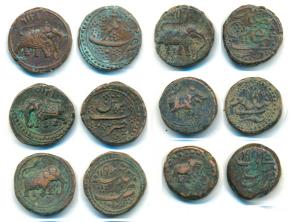 Tipu Sultan, Copper Paisa (5), Nagar Mint, AM 1197 and 1216; Patan Mint, AM 1215; Bengalur