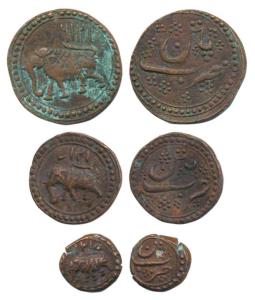 Tipu Sultan, Copper Paisa, ½ and 1/4, Patan Mint, AM 1216, 1217 and 1215 (KM 121.1, 122.1 