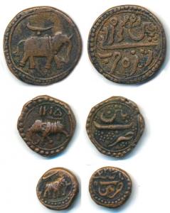 Tipu Sultan, Copper Paisa, ½ and 1/4, Patan Mint, AM 1221, 1215 and 1222 (KM 123.5, 122.10