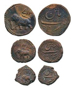 Tipu Sultan, Copper Paisa, ½ and 1/4, Patan Mint, AM 1217, 1215 and 1216 (KM 121.1, 122.1 