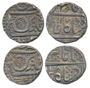 Malharnagar Mint, Silver Rupee (2), in the name of Shah Alam II, AH 1207 and 1208 (KM 76).