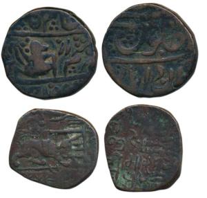 Copper Paisa (2), Dhar State, Hanuman running to right on obv; Lunawada State, Wakhat Sing