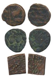 Copper Paisa (3), Indore, lion attacking an animal on obv.; Lunavada, several open hand sy