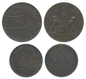 Copper 10 and 20 Cash, coat of arms of the EIC and date 1803on obv., value in English on r