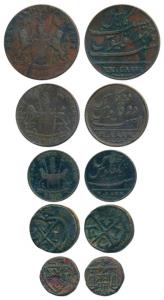 Copper 20, 10, and 5 Cash, coat of arms of the EIC and date 1808 and 1803 on obv., value i