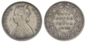Victoria Empress, Silver ½ Rupee, 1888, Bombay Mint, A / II / ’B’ raised. Very Fine+.