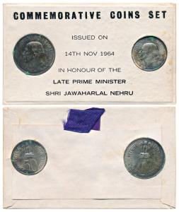 1964 Uncirculated set, Birth Anniversary of Jawaharlal Nehru, set of 2, 50 Paise and 1Rupe