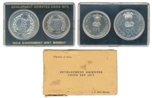 1973 Uncirculated Set, Grow More Food, set of 2, Rupees 10 and 20. Outside box weak, withi
