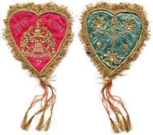 Rewa State, coat of arms of the state on cloth with Jhari work, Riwa Rajya, inscribed in N