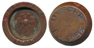 Mysore State, Copper One Tola, 11.59g, Excise Department, Gandabherunda in center and date