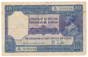 George V, Rupees 10, 2nd issue, 1926, signed J. B. Taylor, (J&R 7.2). Fine+, Scarce.
