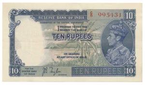 George VI, Rupees 10, 1st issue, 1938, signed J. B. Taylor, in order of serial number with