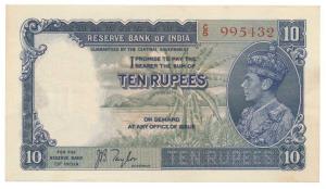 George VI, Rupees 10, 1st issue, 1938, signed J. B. Taylor, in order of serial number with