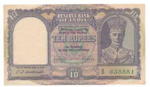 George VI, Rupees 10, 2nd issue, 1944, signed C. D. Deshmukh (J&R 6.1). Very Fine+.