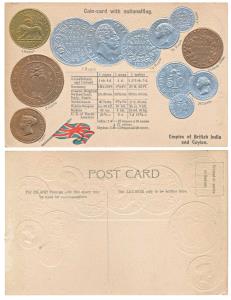 Embossed Postcard with impression of British India (William and Victoria Rupee and Mohur) 