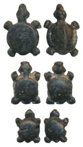 Tortoise-shaped Bronze Beads (c. 250-100 BC), three different sizes with holes at the side