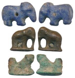 One lapis-lazuli bead in shape of an elephant and two ritual objects cast in bronze, one e