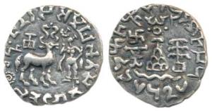Kunindas, Amoghabhuti (c. 200 BC), Silver Drachma, obv. deer standing to right with deer s