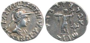 Indo-Greeks, Menander I, (c. 160-145 BC), Silver Drachm, helmeted bust of the king to righ