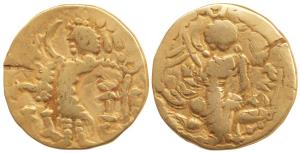 Kidara Kushanas, Base Gold Dinar, 7.78 g, obv. Kidara written below arm of the king, rev. 