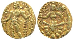 Guptas, Chandragupta II, Gold Heavy Dinar, 8.4g, Archer type, obv. king nimbate, standing 