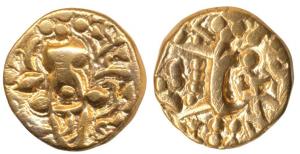 Karkotakas of Kashmir, Pratapaditya (5th century AD), Base Gold, seated goddess with legen