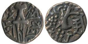 Karkotakas of Kashmir, Vigrahapala, Base Gold Dinara, seated goddess with legend Shri Vigr