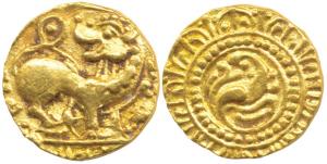 Kadambas of Hangal, Toyimadeva (1048-1075 AD), Gold Pagoda, 4.20g, obv. lion advancing rig