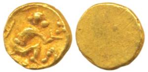 Kadambas of Hangal, Gold ¼ Fanam, representation of the Monkey god on obv, Uniface. Extrem
