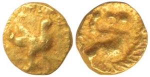 Kadambas of Hangal, Gold ¼ Fanam, representation of the Monkey god on obv, a cock on rev. 