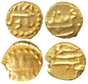 Adil Shahis, Gold Fanam, obv. Ali Adil Shah in tughara, Manus on rev. Very Fine+, Unpublis