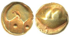 Anonymous, Hudki Gold ½ Pagoda, obv. a boat like uncertain symbol; rev. possibly the Gol G