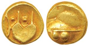 Anonymous, Hudki Gold Pagoda, 3.3g, obv. a boat like uncertain symbol; rev. possibly the G