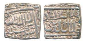 Akbar, Silver Square Rupee, Ahmedabad Mint (off flan), Kalima on obv., AH 993. Extremely F