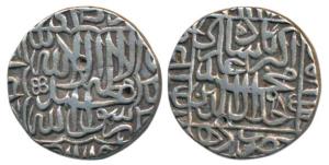 Akbar, Silver Rupee, 11.34g, Delhi Mint, Kalima type, AH 985 (KM 80.7). Very Fine+, Rare.