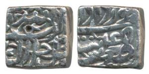 Akbar, Silver Square Rupee, Tatta Mint, Ilahi type, Month Khurdad, Year 45 (KM 88.7). Very