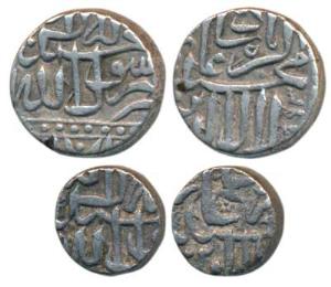 Akbar, Silver Mahmudi , 5.5g, and ½ Unit 2.78g, Gujarat standard, Baglana issue. Very Fine