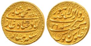 Muhammad Shah, Gold Mohur, Dar us-Sultanate Lahore Mint, AH 1156, RY 26 (KM 438.15). Compl