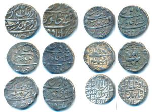 Silver Rupee (6), Shah Jahan, Surat Mint; Aurangzeb, Akbarabad, 1074/7; Burhanpur (2), 111