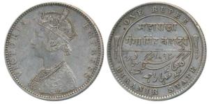 Ganga Singh, Silver Rupee, with the name of Victoria, AD 1892 (KM 72). Very Fine.